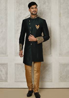 Bottle green dupion arts silk anghrakha design with hand work on collar and buttons indo western 4