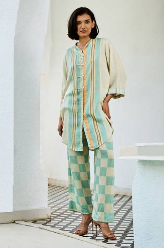 Off white printed linen kurta set