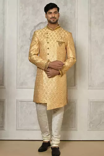 Fawn anghrakha pattern work with hand work on collar and pocket indo western