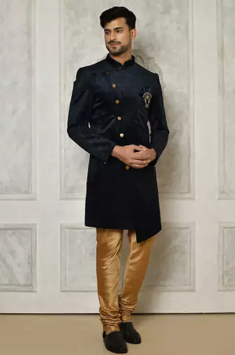 Navy blue anghrakha pattern work indo western