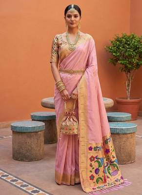 Baby pink faux banarasi silk saree with paithani rich weaved pallu and blouse 1