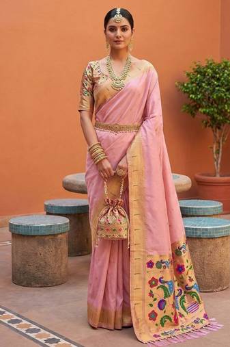 Baby pink faux banarasi silk saree with paithani rich weaved pallu and blouse