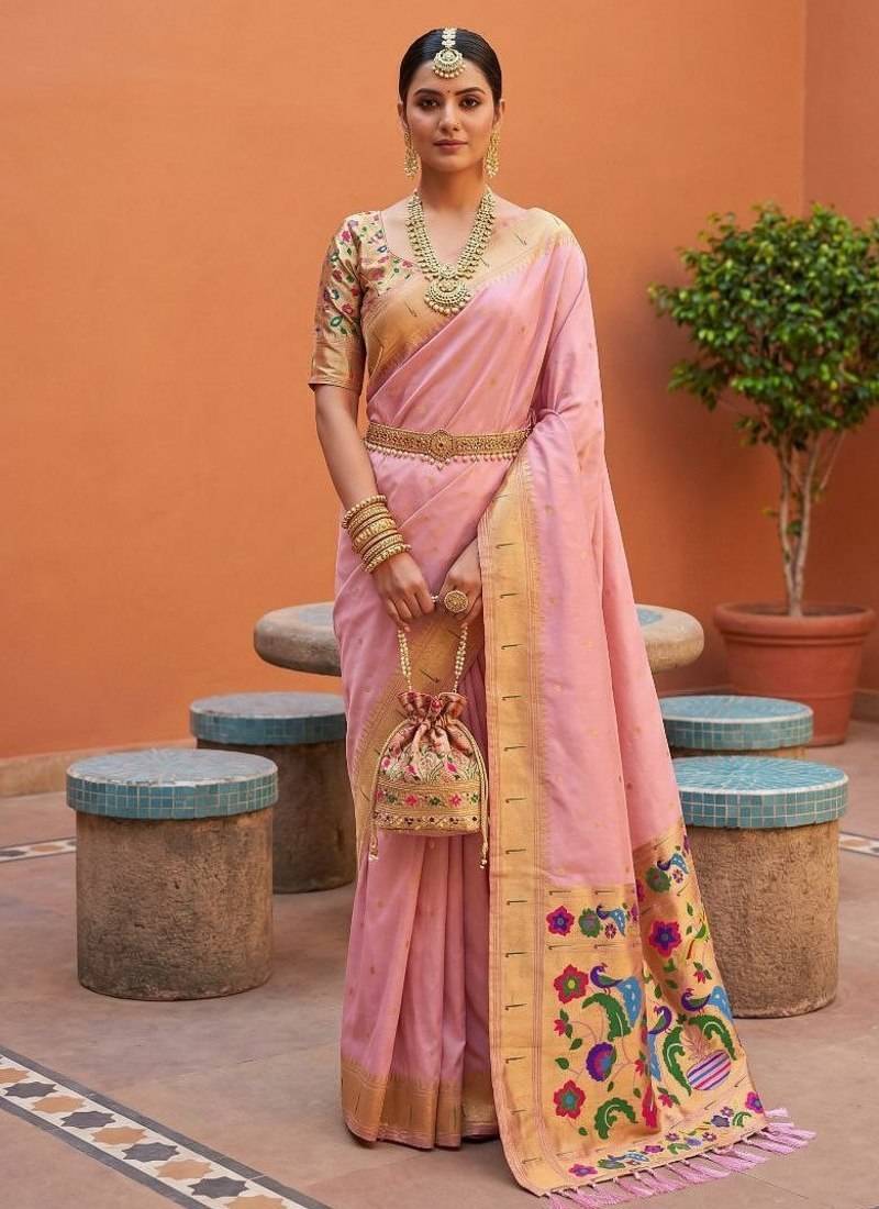 Baby pink faux banarasi silk saree with paithani rich weaved pallu and blouse