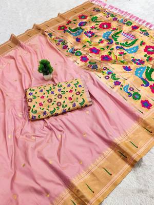 Baby pink faux banarasi silk saree with paithani rich weaved pallu and blouse 2