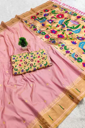 Baby pink faux banarasi silk saree with paithani rich weaved pallu and blouse