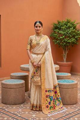 White faux banarasi silk saree with paithani rich weaved pallu and blouse 1