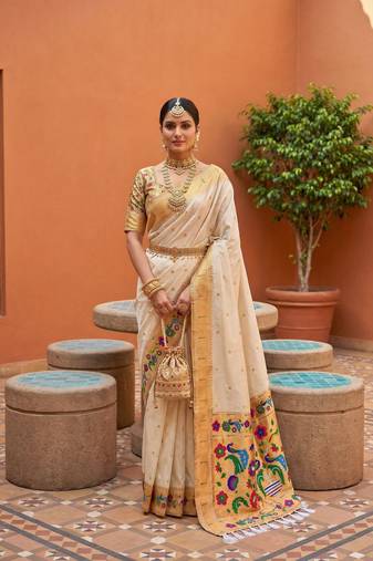 White  faux banarasi silk saree with paithani rich weaved pallu and blouse
