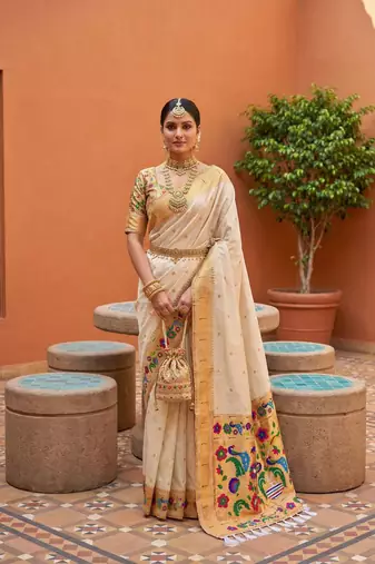 White  faux banarasi silk saree with paithani rich weaved pallu and blouse