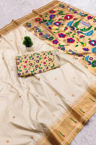 White faux banarasi silk saree with paithani rich weaved pallu and blouse