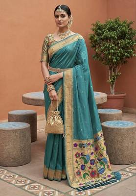 Rama faux banarasi silk saree with paithani rich weaved pallu and blouse 1