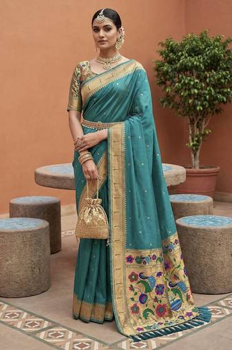 Rama faux banarasi silk saree with paithani rich weaved pallu and blouse