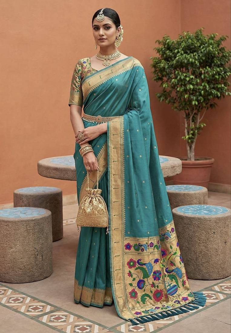 Rama faux banarasi silk saree with paithani rich weaved pallu and blouse