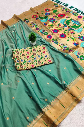Rama faux banarasi silk saree with paithani rich weaved pallu and blouse