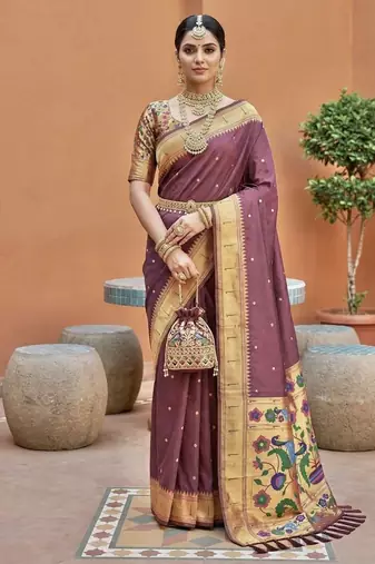 Onion pink faux banarasi silk saree with paithani rich weaved pallu and blouse