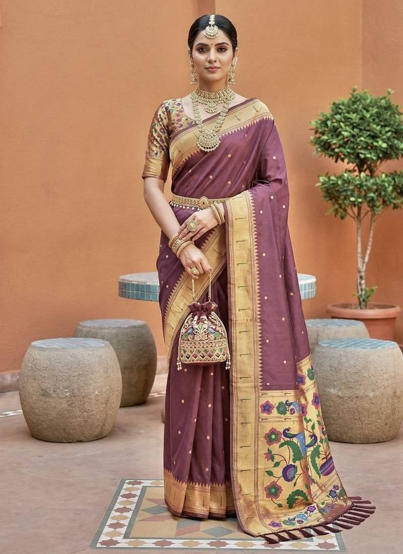 Onion pink faux banarasi silk saree with paithani rich weaved pallu and blouse