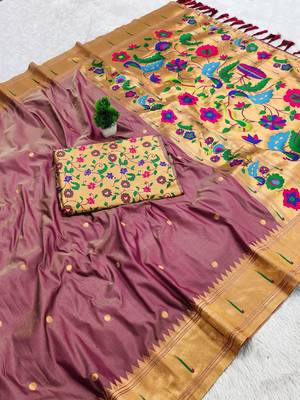 Onion pink faux banarasi silk saree with paithani rich weaved pallu and blouse 2