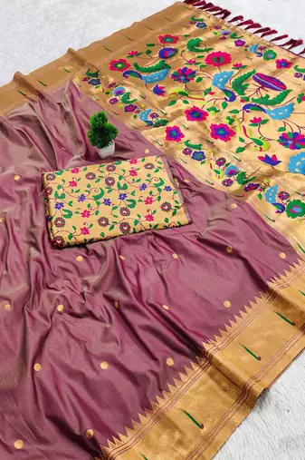 Onion pink faux banarasi silk saree with paithani rich weaved pallu and blouse