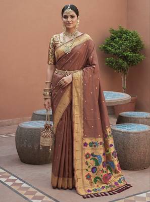 Cofee faux banarasi silk saree with paithani rich weaved pallu and blouse 1