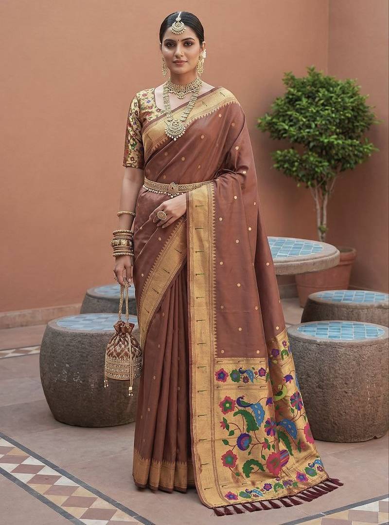 Cofee faux banarasi silk saree with paithani rich weaved pallu and blouse