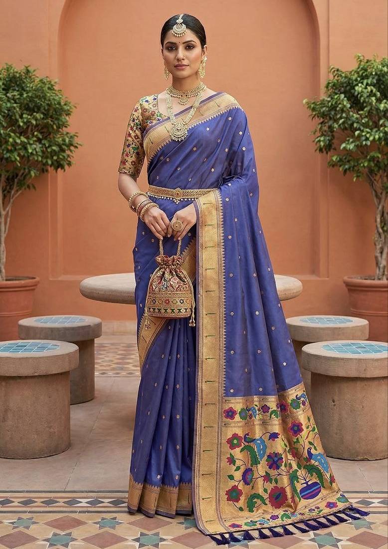 Purple faux banarasi silk saree with paithani rich weaved pallu and blouse