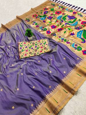Purple faux banarasi silk saree with paithani rich weaved pallu and blouse 2