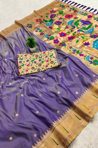 Purple faux banarasi silk saree with paithani rich weaved pallu and blouse