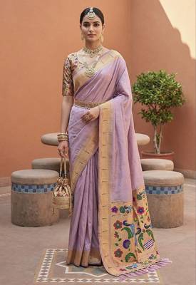 Lavender faux banarasi silk saree with paithani rich weaved pallu and blouse 1