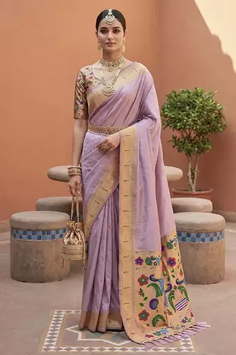 Lavender faux banarasi silk saree with paithani rich weaved pallu and blouse