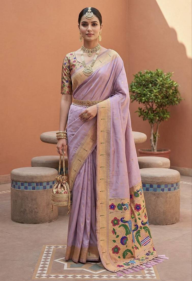 Lavender faux banarasi silk saree with paithani rich weaved pallu and blouse
