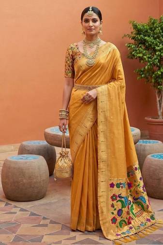 Yellow faux banarasi silk saree with paithani rich weaved pallu and blouse