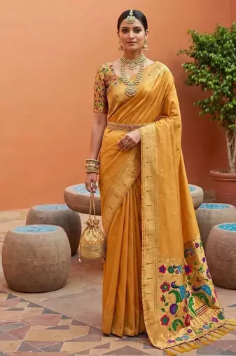 Yellow faux banarasi silk saree with paithani rich weaved pallu and blouse