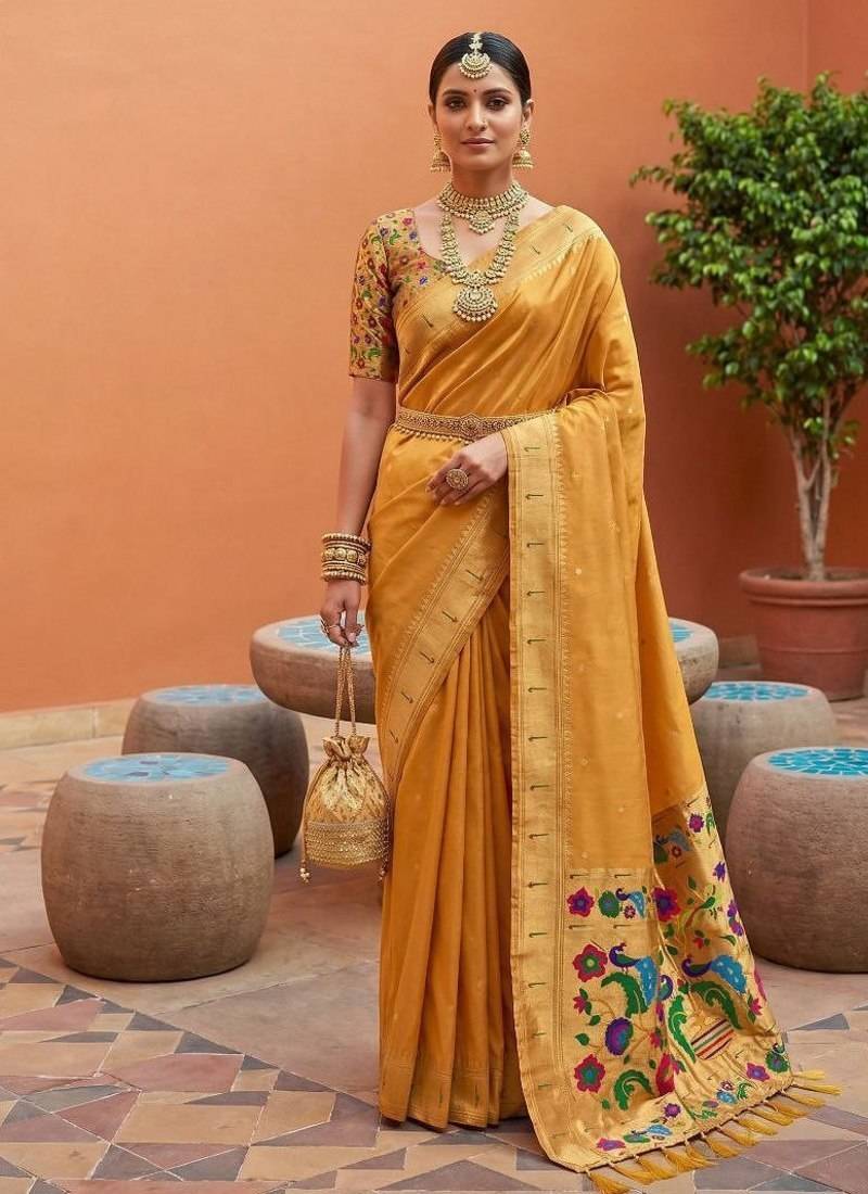 Yellow faux banarasi silk saree with paithani rich weaved pallu and blouse