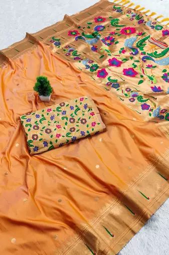 Yellow faux banarasi silk saree with paithani rich weaved pallu and blouse