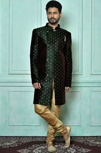 Bottle green anghrakha pattern work indo western