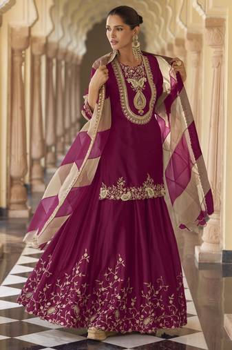 Plum embroidered silk semi-stitch sharara suit with dupatta