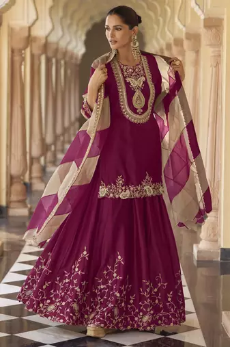 Plum embroidered silk semi-stitch sharara suit with dupatta