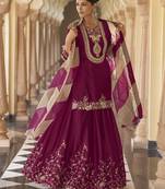 Plum embroidered silk semi-stitch sharara suit with dupatta