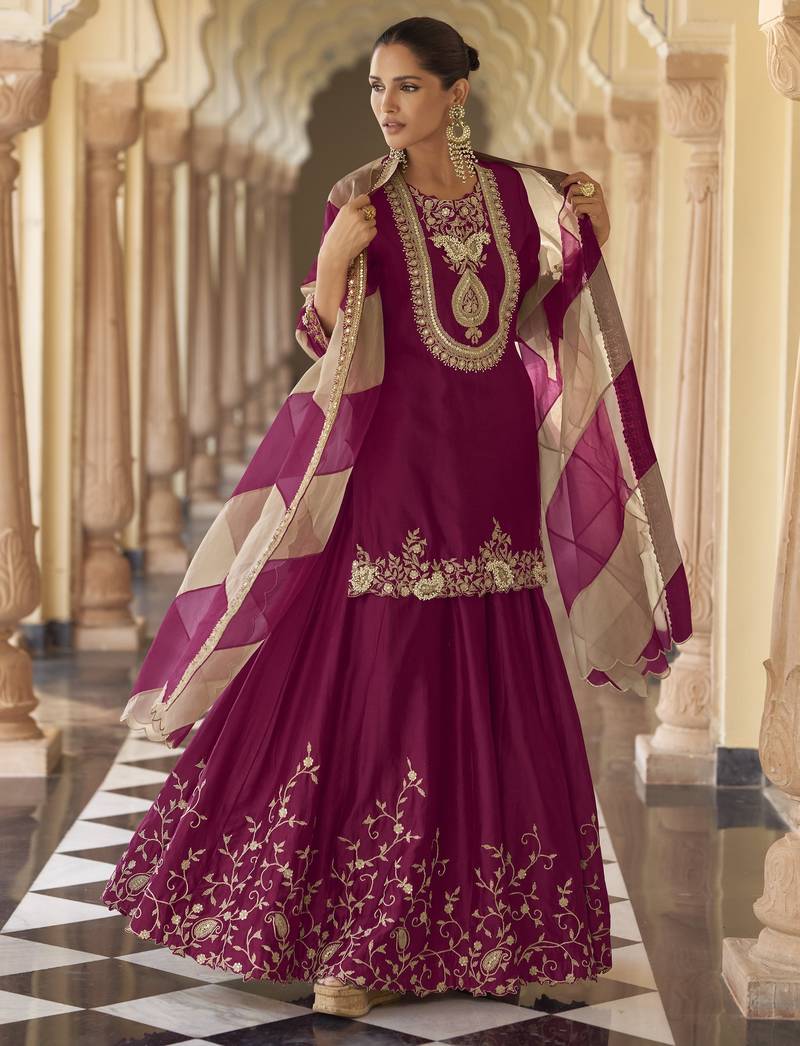 Plum embroidered silk semi-stitch sharara suit with dupatta