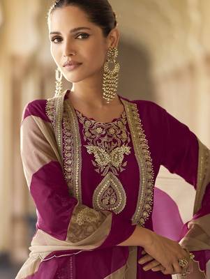 Plum embroidered silk semi-stitch sharara suit with dupatta 2