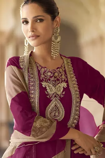 Plum embroidered silk semi-stitch sharara suit with dupatta