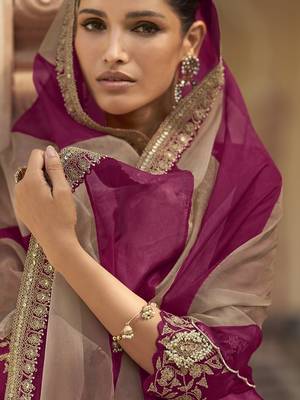 Plum embroidered silk semi-stitch sharara suit with dupatta 3