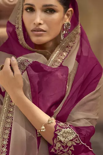 Plum embroidered silk semi-stitch sharara suit with dupatta