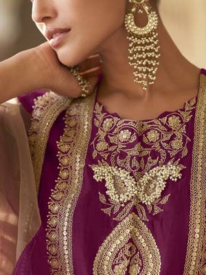 Plum embroidered silk semi-stitch sharara suit with dupatta 4