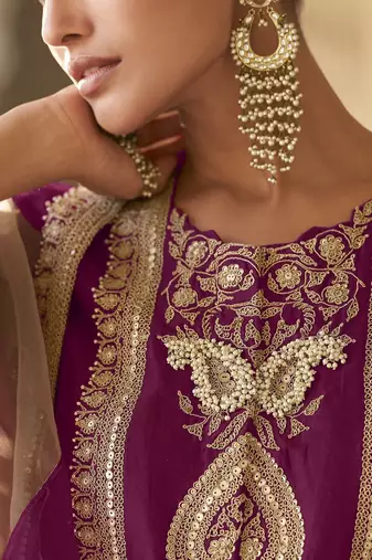 Plum embroidered silk semi-stitch sharara suit with dupatta