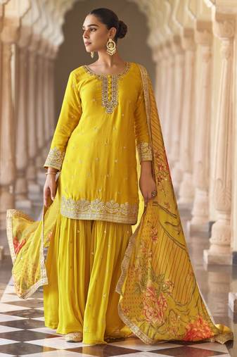 Yellow embroidered silk semi-stitch sharara suit with dupatta