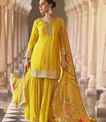 Yellow embroidered silk semi-stitch sharara suit with dupatta