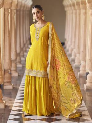 Yellow embroidered silk semi-stitch sharara suit with dupatta 2