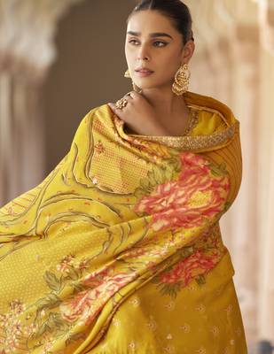 Yellow embroidered silk semi-stitch sharara suit with dupatta 3