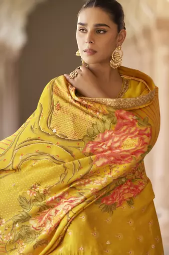 Yellow embroidered silk semi-stitch sharara suit with dupatta