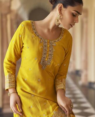 Yellow embroidered silk semi-stitch sharara suit with dupatta 4
